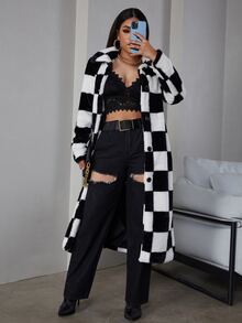 Eilly Bazar Button Front Checked Fuzzy Coat - Black and White - View 5