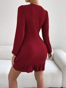 SHEIN Clasi Solid Ruched Ruffle Hem Dress - Red - View 2