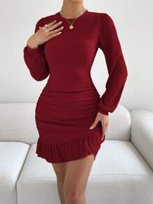 SHEIN Clasi Solid Ruched Ruffle Hem Dress - Red - View 4