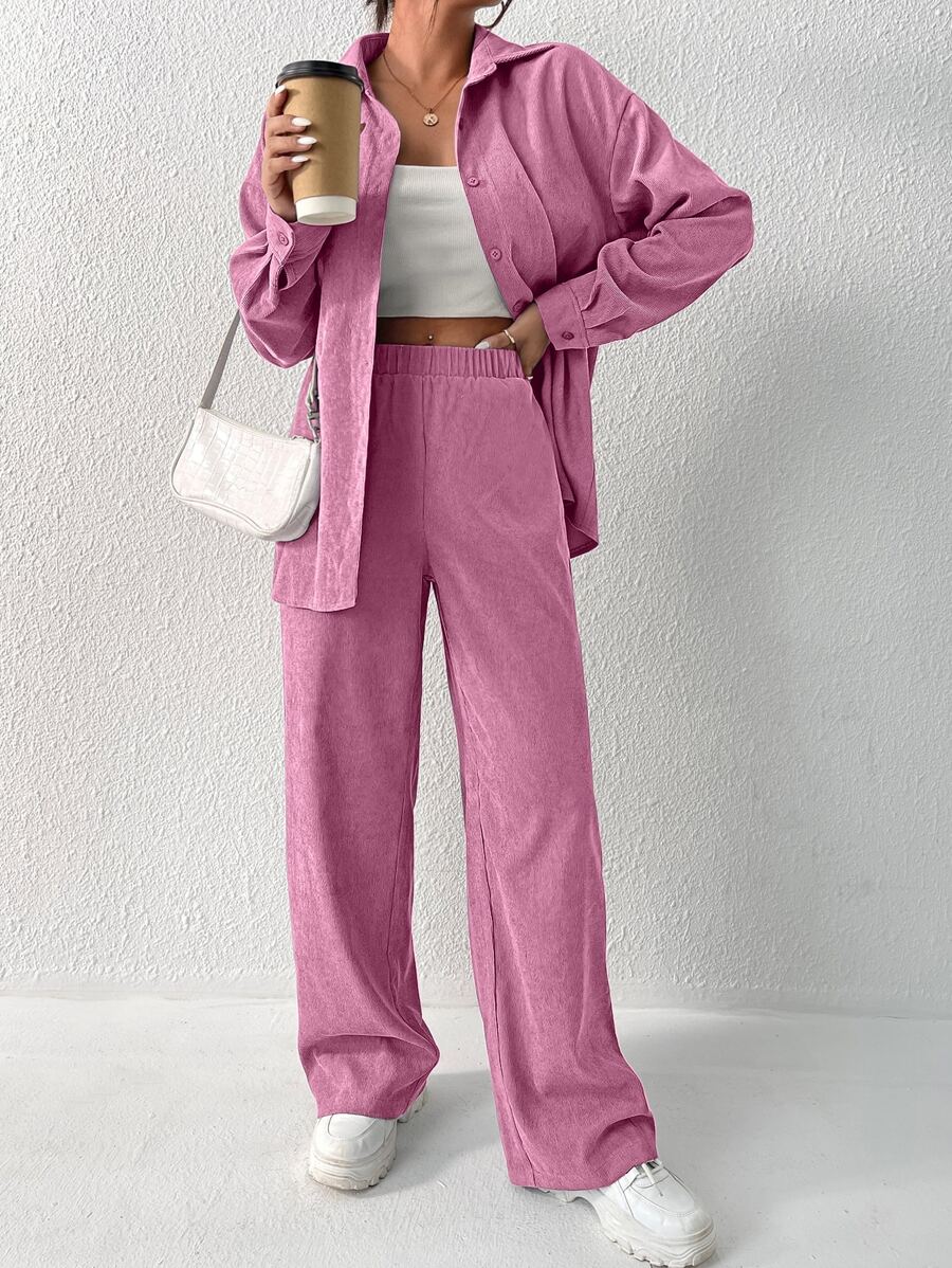 Flirla Áo và quần nhung kẻ hở vai - Hồng - Xem 1