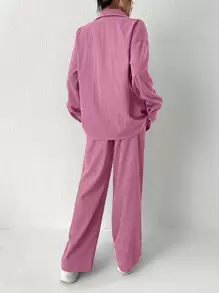 Flirla Áo và quần nhung kẻ hở vai - Hồng - Xem 2