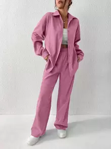 Flirla Áo và quần nhung kẻ hở vai - Hồng - Xem 3