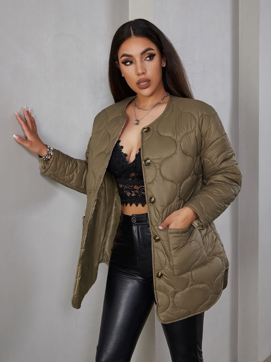 Eilly Bazar Dual Pocket Button Front Padded Coat - Mocha Brown - View 1