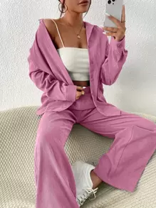 Flirla Áo và quần nhung kẻ hở vai - Hồng - Xem 5