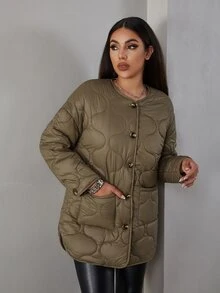 Eilly Bazar Dual Pocket Button Front Padded Coat - Mocha Brown - View 3