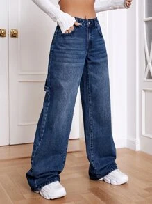 SHEIN EZwear Jeans casuales cómodos y versátiles de pierna ancha con bolsillos para mujeres - Azul lavado oscuro - Ver 4