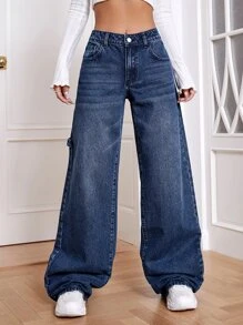 SHEIN EZwear Jeans casuales cómodos y versátiles de pierna ancha con bolsillos para mujeres - Azul lavado oscuro - Ver 5