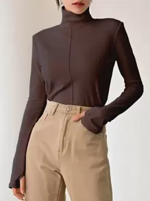 DAZY 高领带拇指孔T恤，秋季长袖女装 - 咖啡棕 - 查看 1