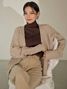 DAZY 高领带拇指孔T恤，秋季长袖女装 - 咖啡棕 - 查看 3