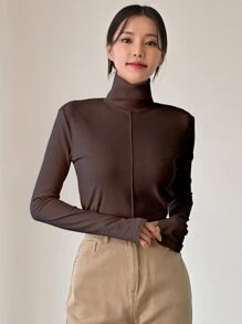 DAZY 高领带拇指孔T恤，秋季长袖女装 - 咖啡棕 - 查看 6