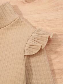 Young Girl Ruffle Trim Mock Neck Thermal Lined Tee & Pants - Khaki - View 3