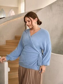 Mulvari Plus Wrap Tie Side Cardigan - Baby Blue - View 3