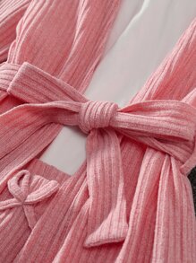 Girls Solid Belted Coat & Trousers Without Tee - Pink - View 4