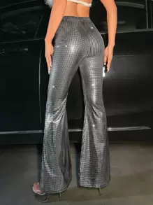 SHEIN ICON Metallic Flare Leg Trousers - Silver - View 2