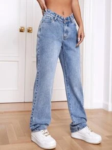 SHEIN EZwear Quần jean nữ Nút Túi Dây kéo màu trơn - Rửa nhẹ - Xem 3