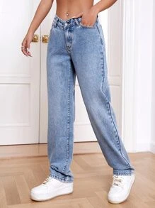 SHEIN EZwear Quần jean nữ Nút Túi Dây kéo màu trơn - Rửa nhẹ - Xem 4