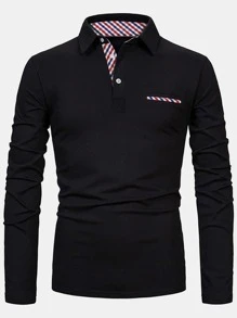 Áo thun có cổ Nam Nút phía trước Kẻ sọc Công việc - màu đen - Xem 3