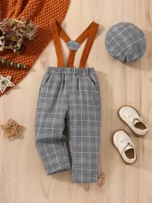 SHEIN Baby Boy Plaid Print Suspender Trousers - Grey - View 1