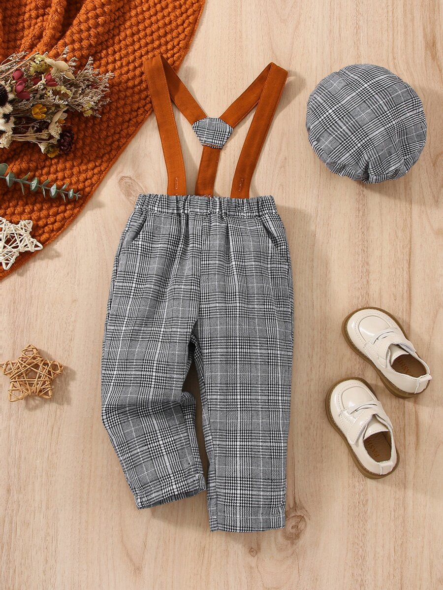 SHEIN Baby Boy Plaid Print Suspender Trousers - Grey - View 1