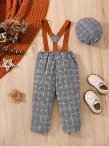 SHEIN Baby Boy Plaid Print Suspender Trousers - Grey - View 2