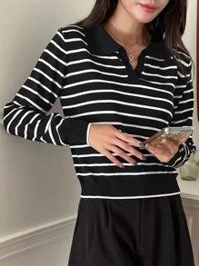 DAZY Suéter con cuello de patrón de rayas, tops de manga larga