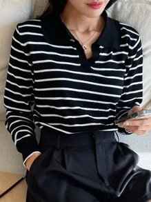 DAZY Suéter con cuello de patrón de rayas, tops de manga larga