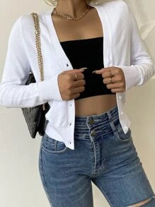 AAmilife Solid Button Front Cardigan,Long Sleeve Tops