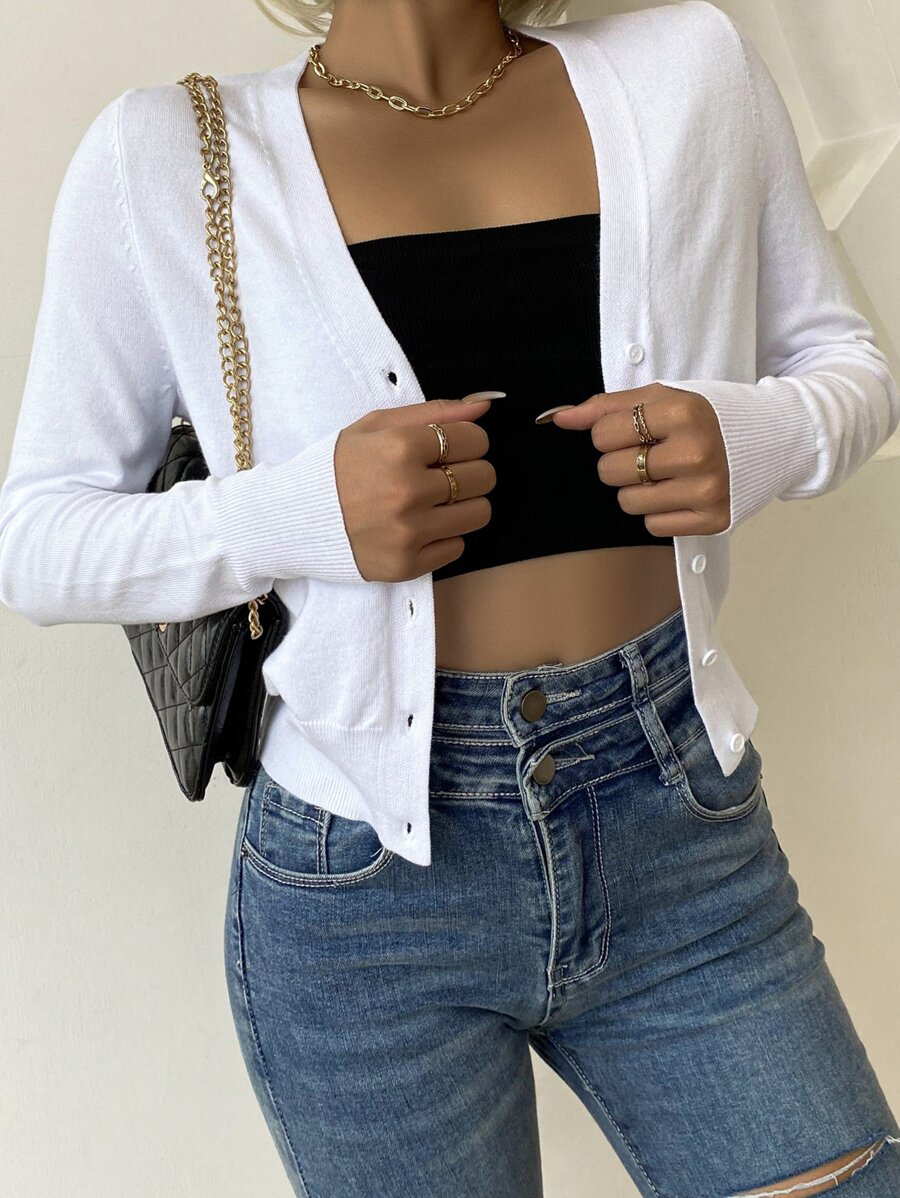 AAmilife Solid Button Front Cardigan,Long Sleeve Tops