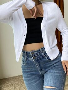 AAmilife Solid Button Front Cardigan,Long Sleeve Tops