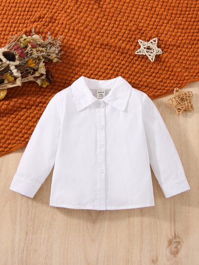 SHEIN All-Match Turndown Collar Long Sleeve Shirts For Baby Boys And Girls, Simple Daily Casual Tops Suitable For Everyday Wear, Outdoor Activities, Vacation, School, All Seasons