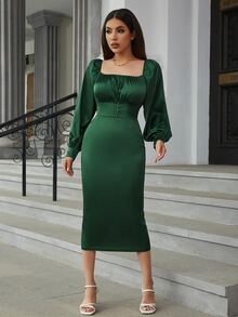 Eilly Bazar Lantern Sleeve Button Front Split Back Satin Dress - Dark Green - View 6