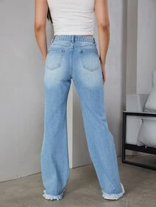 Eilly Bazar 毛邊緣牛仔喇叭褲 - 中等水洗藍 - 查看 2