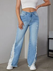 Eilly Bazar 毛邊緣牛仔喇叭褲 - 中等水洗藍 - 查看 5