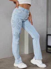 Eilly Bazar 水鑽細節牛仔褲不附腰帶 - 淺色水洗藍 - 查看 3