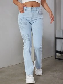 Eilly Bazar 水鑽細節牛仔褲不附腰帶 - 淺色水洗藍 - 查看 5