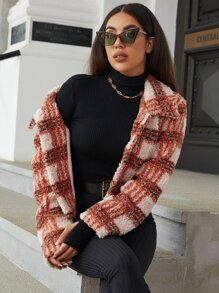 Eilly Bazar Cazadora teddy con patrón de cuadros con bolsillo con solapa - Multicolor - Ver 1