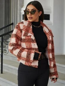 Eilly Bazar Cazadora teddy con patrón de cuadros con bolsillo con solapa - Multicolor - Ver 3