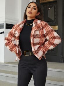Eilly Bazar Cazadora teddy con patrón de cuadros con bolsillo con solapa - Multicolor - Ver 4