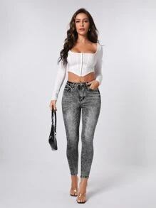 SHEIN Essnce 高彈力緊身牛仔褲 - 灰色 - 查看 5