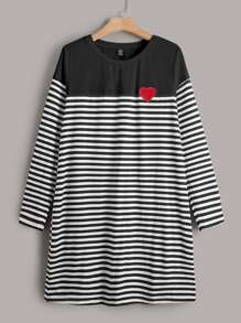 SHEIN Frenchy Plus Striped Print Heart Patch Detail Tee Dress - Black and White - View 1