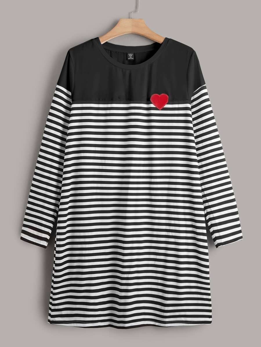 SHEIN Frenchy Plus Striped Print Heart Patch Detail Tee Dress - Black and White - View 1