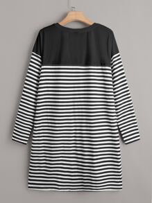 SHEIN Frenchy Plus Striped Print Heart Patch Detail Tee Dress - Black and White - View 2