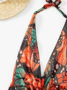 Butterfly Print Bikini Set Halter Triangle Bra & Bikini Bottom & Cover Up Dress 3 Piece Bathing Suit - Multicolor - View 5