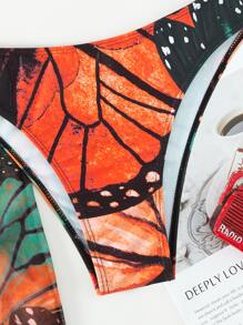 Butterfly Print Bikini Set Halter Triangle Bra & Bikini Bottom & Cover Up Dress 3 Piece Bathing Suit - Multicolor - View 6