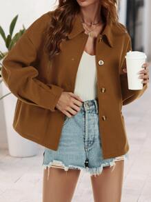 SHEIN LUNE Solid Drop Shoulder Overcoat - Brown - View 3