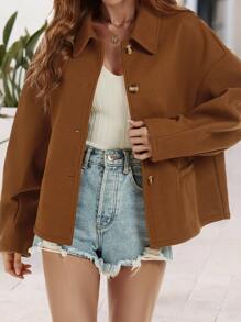 SHEIN LUNE Solid Drop Shoulder Overcoat - Brown - View 4