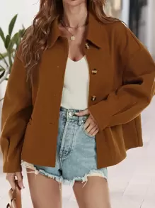 SHEIN LUNE Solid Drop Shoulder Overcoat - Brown - View 1