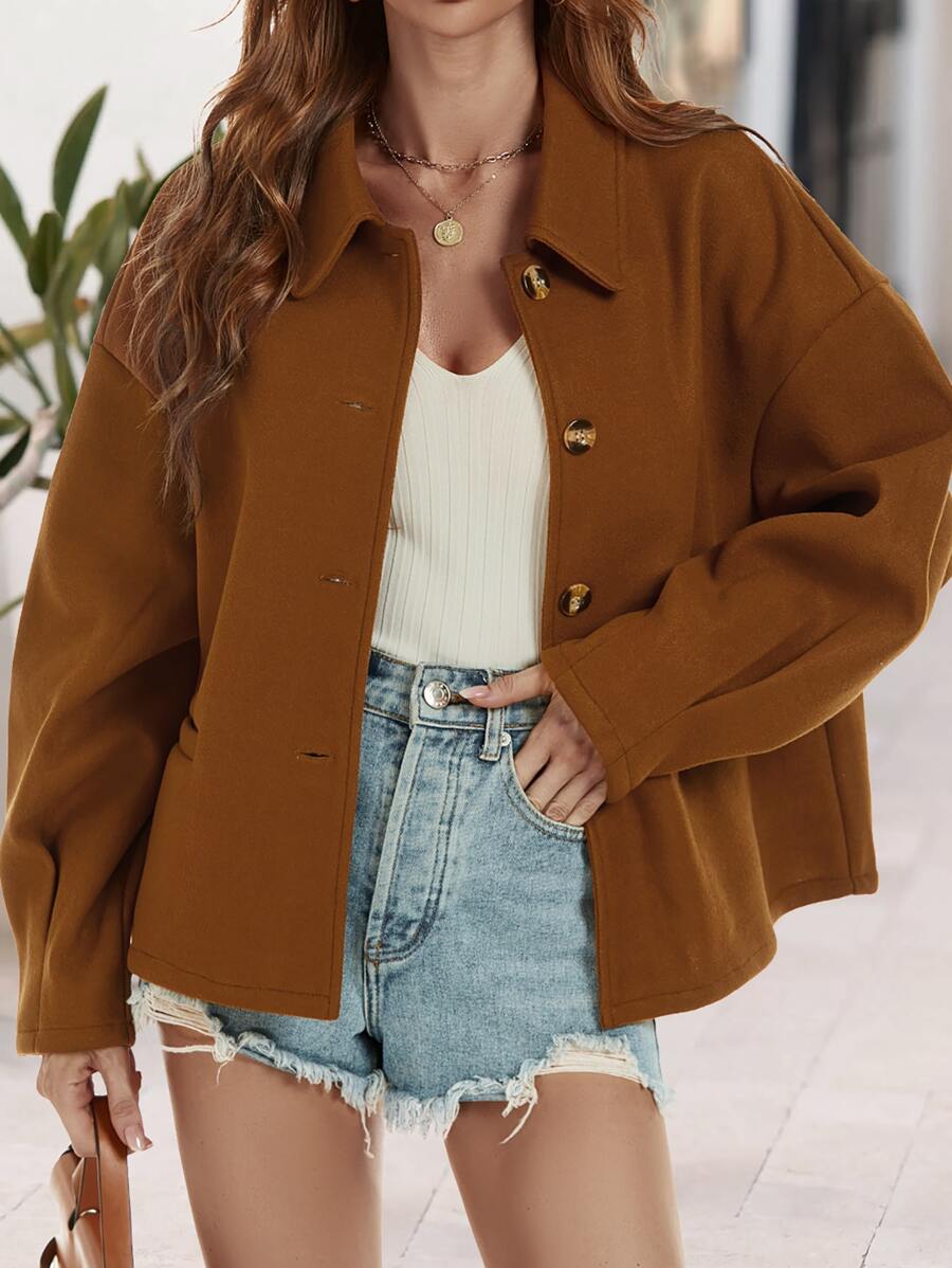 SHEIN LUNE Solid Drop Shoulder Overcoat - Brown - View 1