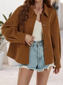 SHEIN LUNE Solid Drop Shoulder Overcoat - Brown - View 5