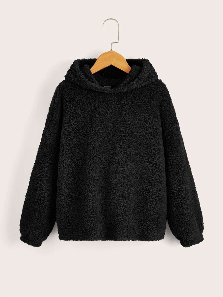 SHEIN EZwear Áo nỉ Teddy dáng rộng vai rớt cỡ lớn - màu đen - Xem 1